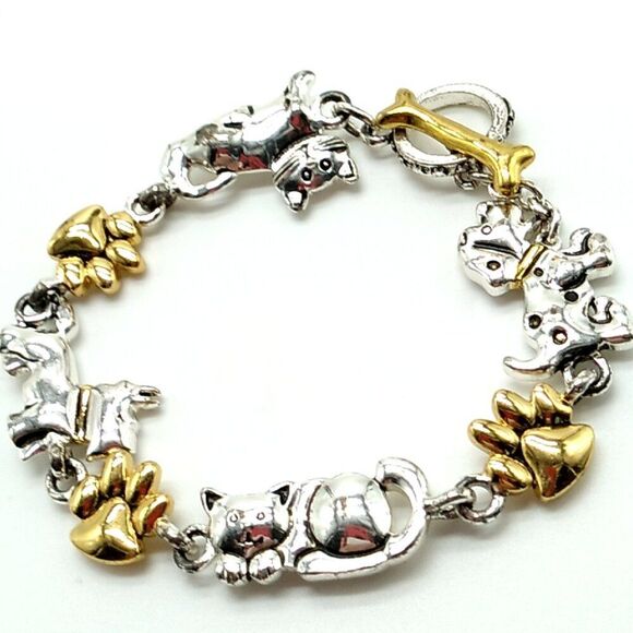 Vintage Premier Designs Gold & Silver-tone Dog Cat & Paw Bracelet - Picture 1 of 10
